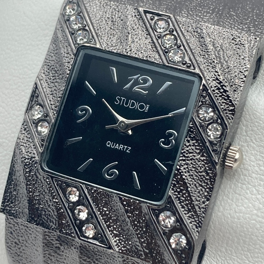 Studio Time Women's Watch Black Crystals 30mm Hinged Cuff Bling New Battery 6.5"